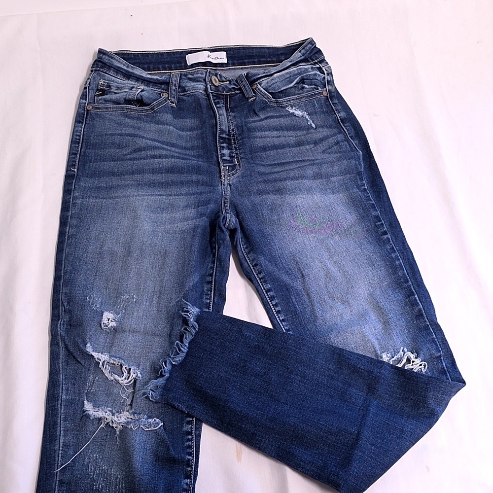 KanCan Skinny Jeans Womens 9/28 Blue Distressed Frayed Hem Boho Western